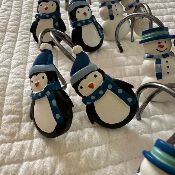 Holiday Shower Curtain Hooks Penguins Snowmen Set of 12 - Picture 5 of 8